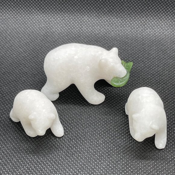Hand Carved White Star Marble Grizzly Bear Family 3 pc Set Lot Jade Fish COA VTG - Picture 2 of 15